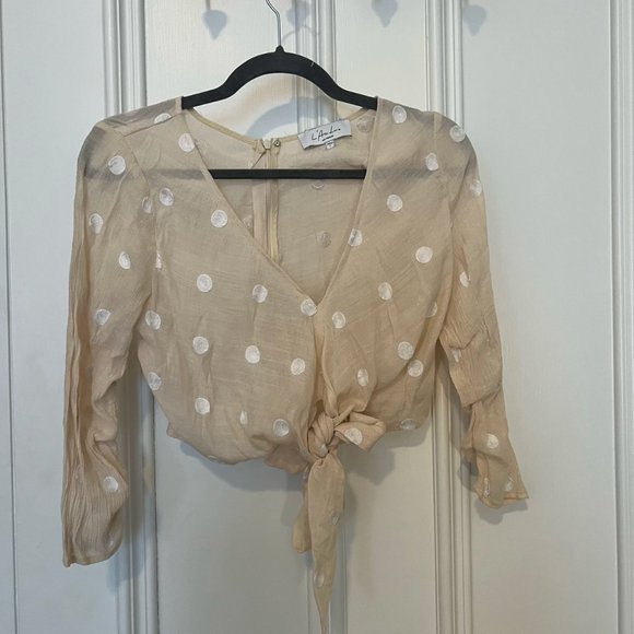 L'academie Adalene Polka Dot Cropped Wrap Top Cream and White - Picture 3 of 4
